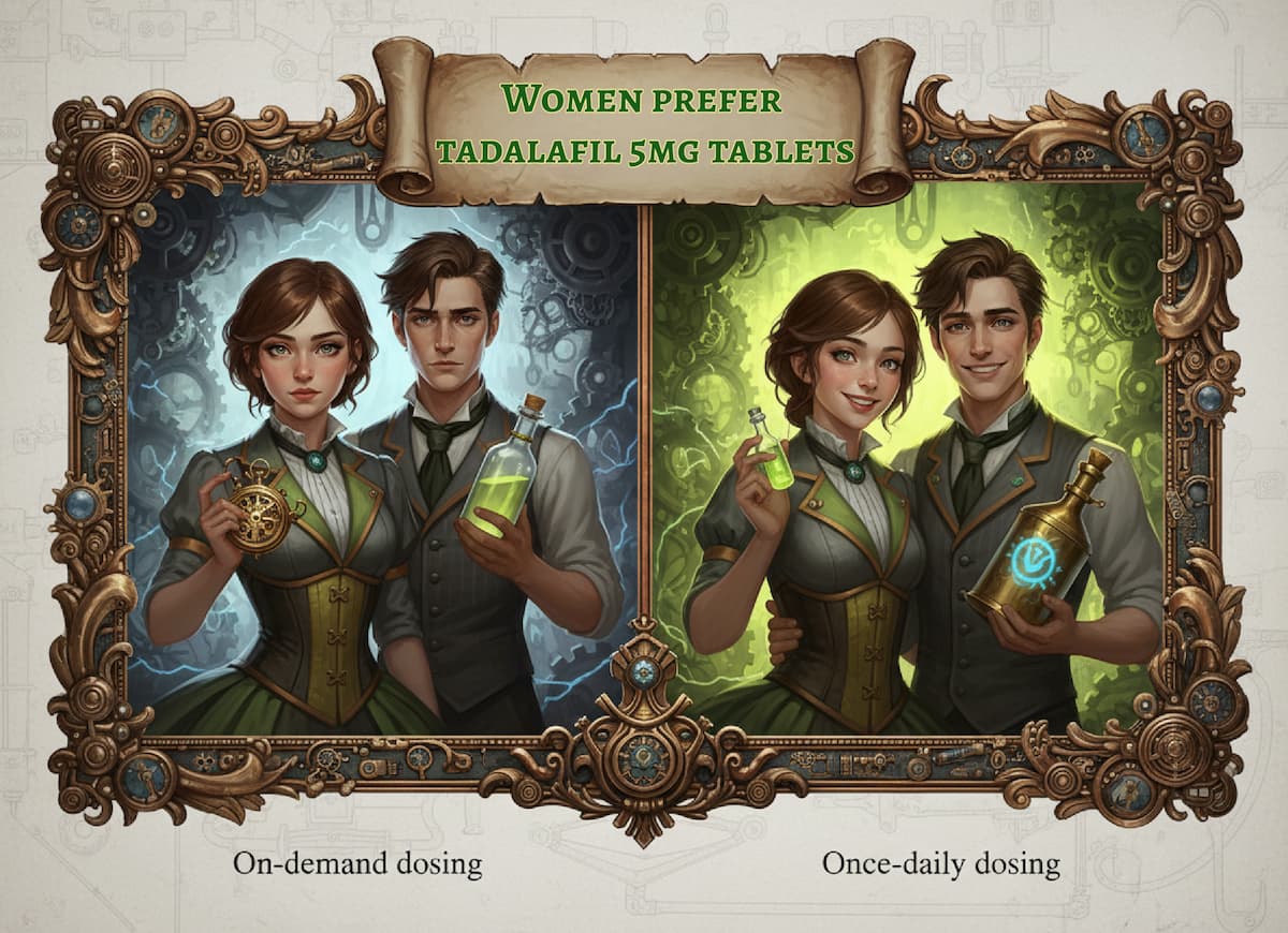 Split-panel Victorian illustration showing a woman and man with medicine bottles, comparing on-demand dosing and once-daily dosing of tadalafil 5mg tablets. The right panel shows both smiling, highlighting preference for once-daily use. Image source: medicalmojo.co.uk