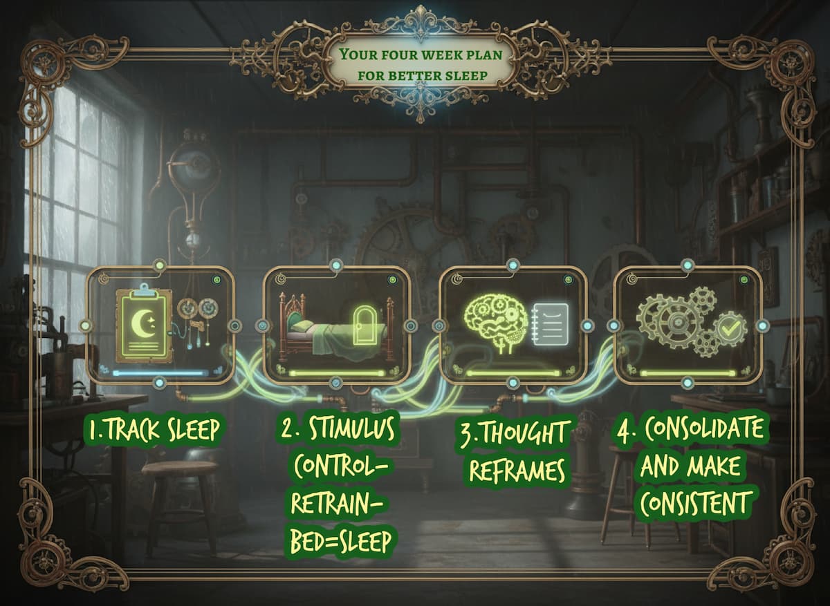 Steampunk-style infographic showing a four-week plan for better sleep with icons for tracking sleep, stimulus control, thought reframes, and building consistency, from medicalmojo.co.uk.
