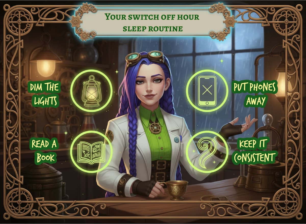 Dr Rosalind Jex in her steampunk lab showing a “switch off hour” bedtime routine (dim lights, put phones away, read a book, keep it consistent) for natural insomnia support on medicalmojo.co.uk.