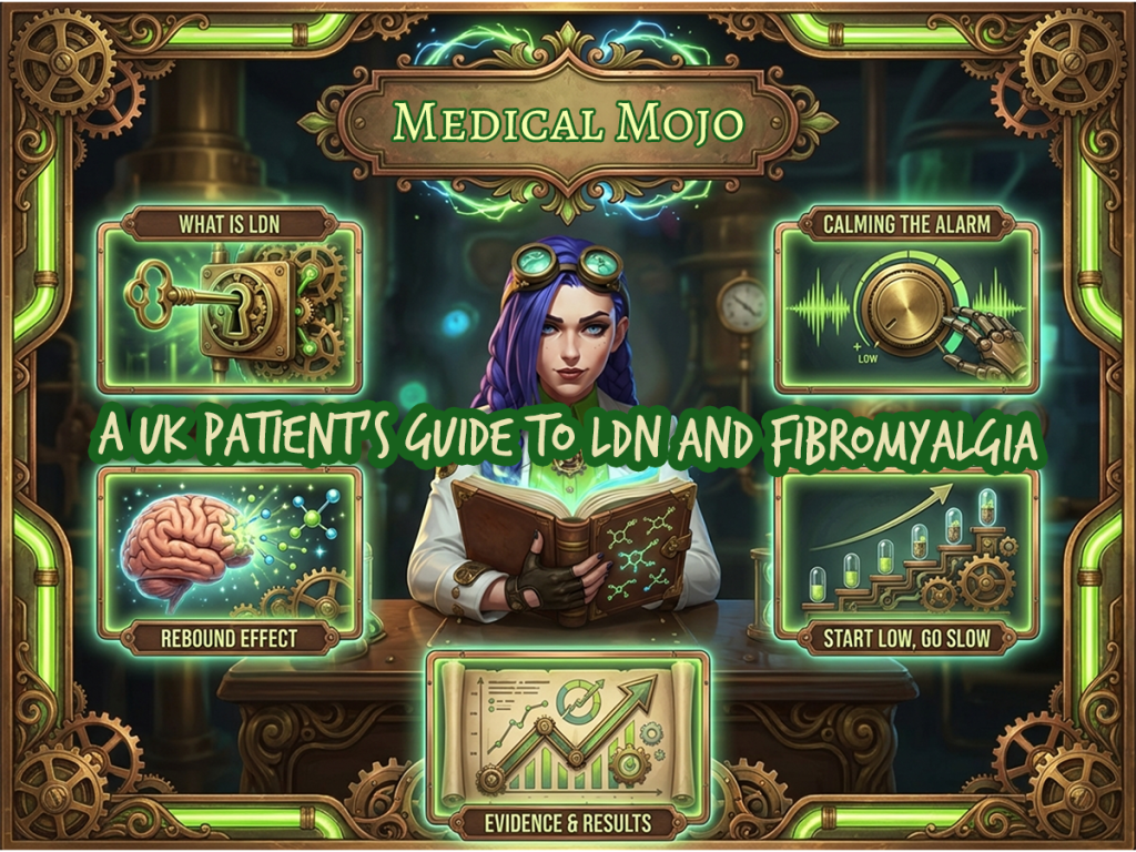 Title page collage with Dr Rosalind Jex surrounded by five fibromyalgia LDN infographic thumbnails in Medical Mojo colours