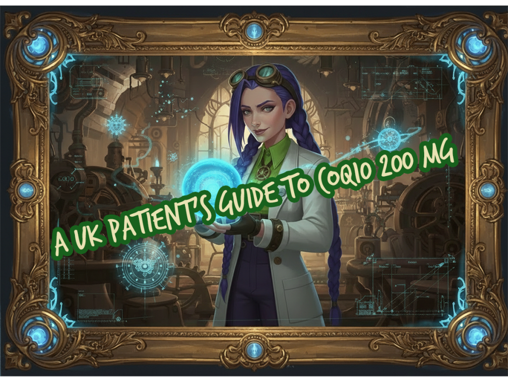 Dr Rosalind Jex in an Arcane-style steampunk laboratory collage with ornate brass frame, glowing energy motifs and heart imagery, introducing a UK guide to CoQ10 200 mg, medicalmojo.co.uk