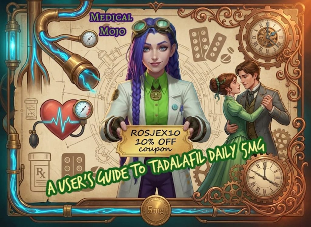 Steampunk infographic on medicalmojo.co.uk featuring Dr Rosalind Jex holding a ROSJEX10 10% off coupon, with Medical Mojo branding, tadalafil daily 5mg messaging, a romantic couple, and steampunk medical icons including heart monitor, blood pressure gauge, tablets, clock, and 5mg medallion.