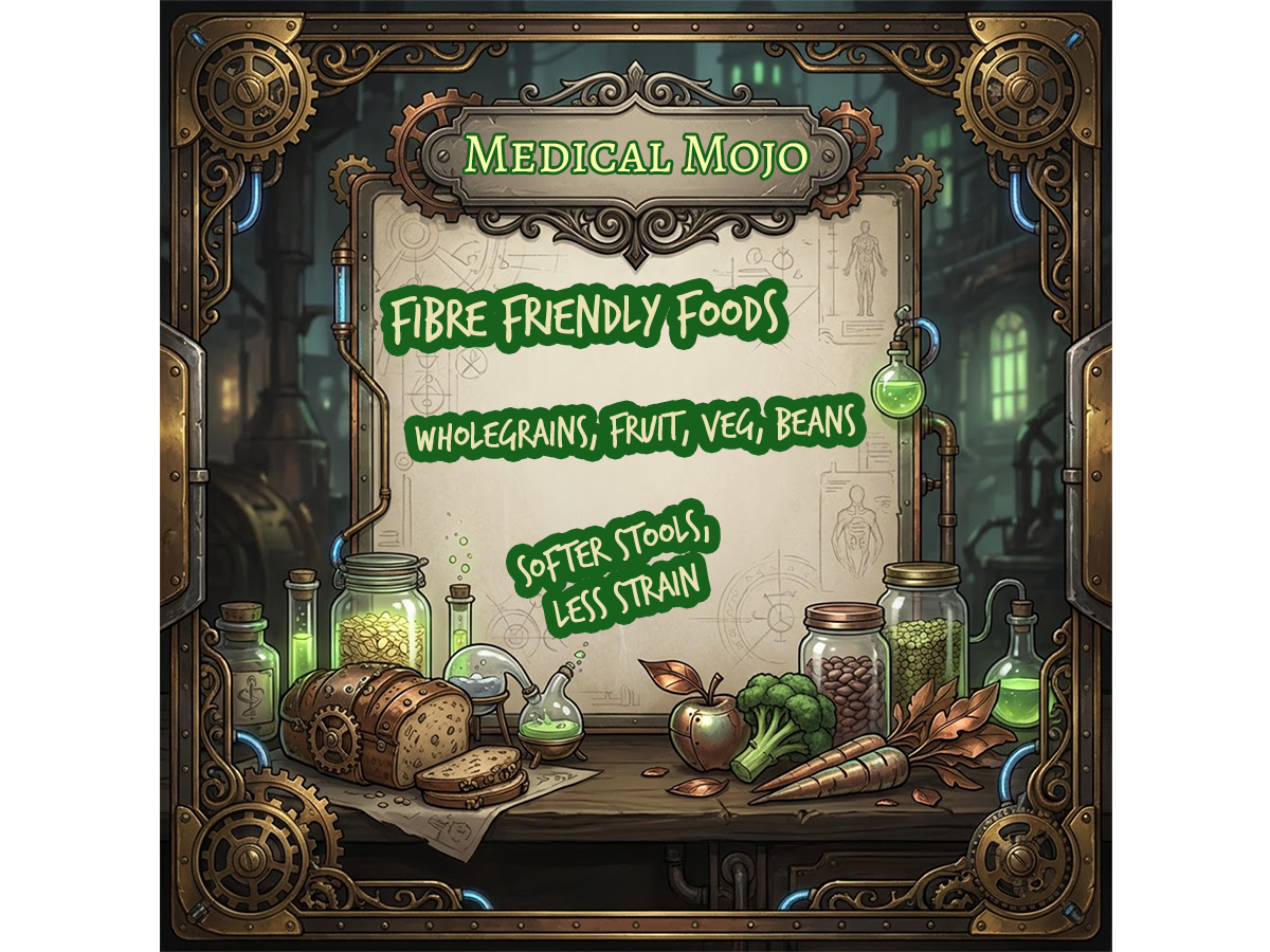 Infographic showing fibre-rich foods including wholegrain bread, oats, beans, lentils, fruit, and vegetables arranged in steampunk style, with Medical Mojo colours and ornate frame.