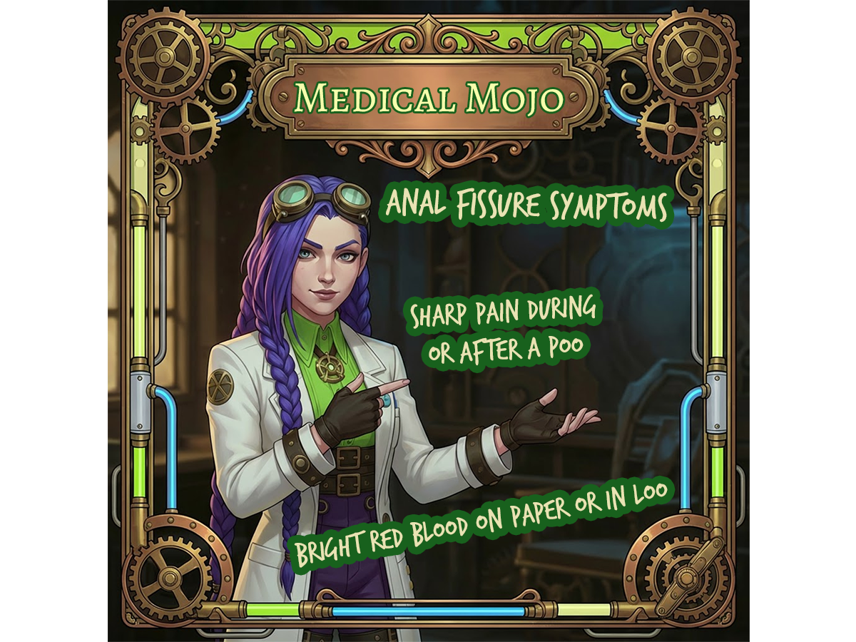 Infographic with Dr Rosalind Jex explaining anal fissure symptoms including sharp pain, burning sensation, and bleeding, with Medical Mojo steampunk design and ornate title plaque.