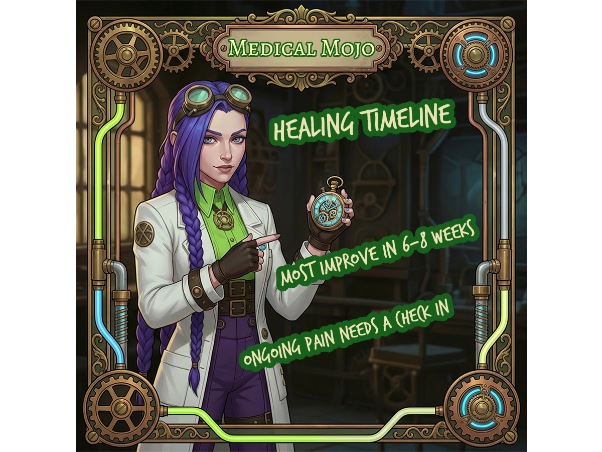 Infographic with Dr Rosalind Jex showing the anal fissure healing timeline from weeks 1–8, with Medical Mojo steampunk design and clockwork elements.