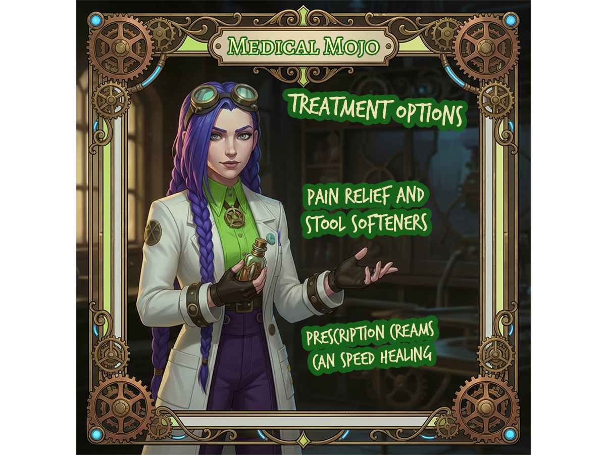 Infographic with Dr Rosalind Jex presenting anal fissure treatment options including laxatives, anaesthetic ointments, GTN cream, and calcium-channel blockers, with Medical Mojo steampunk design.