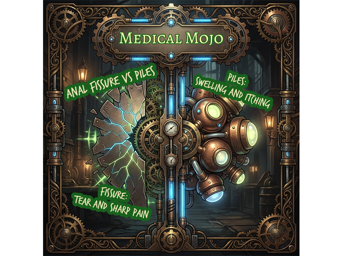 Infographic comparing anal fissures and haemorrhoids (piles), showing differences in symptoms and appearance, with steampunk design and Medical Mojo colours.