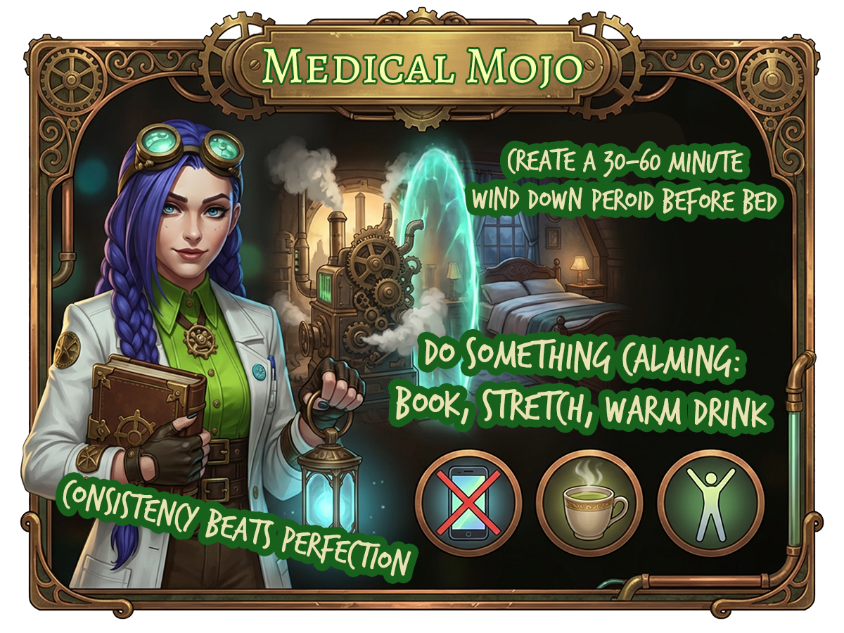Anxiety at night: create a screen-free buffer zone before bed | medicalmojo.co.uk Dr Rosalind Jex holds a book and lantern beside a calm buffer zone separating daytime gears from a quiet bedtime scene in Medical Mojo colours at medicalmojo.co.uk