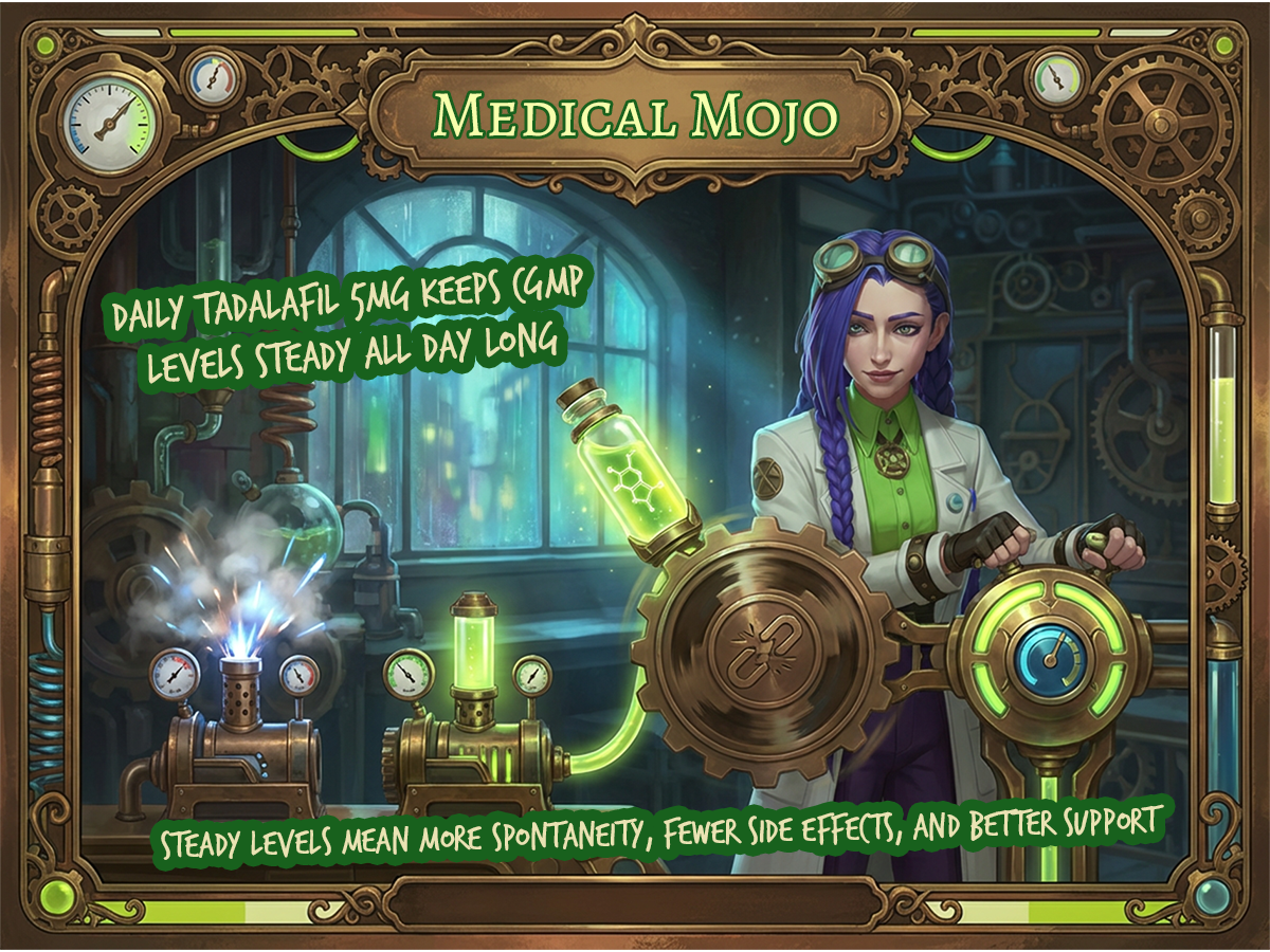 Daily tadalafil 5mg keeps cGMP levels steady | medicalmojo.co.uk | Dr Rosalind Jex explains Daily tadalafil keeps cGMP levels steady infographic on medicalmojo.co.uk featuring Dr Rosalind Jex in a steampunk laboratory. Illustration shows two pressure gauges: one with fluctuating levels (as-needed dosing) and one with steady, consistent levels (daily 5mg tadalafil). Demonstrates how daily tadalafil maintains constant cGMP for sustained erectile support without timing around sexual activity.