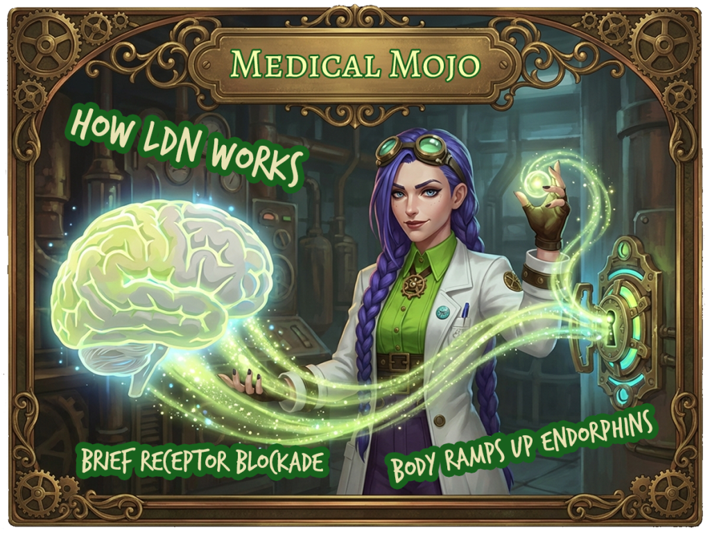 Dr Rosalind Jex with raised hand releasing glowing therapeutic streams and brain connection in a steampunk lab Medical Mojo colours