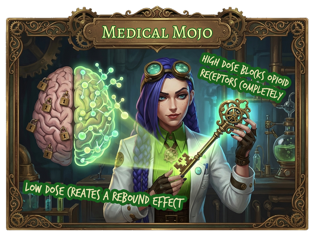 How LDN works at medicalmojo.co.uk | Dr Rosalind Jex explains the low dose rebound effect Steampunk Medical Mojo infographic from medicalmojo.co.uk showing Dr Rosalind Jex holding an ornate key, with a brain illustration and glowing neural network. Text reads "How LDN works", "High dose blocks opioid receptors completely", and "Low dose creates a rebound effect" – ornate brass border frame in a lab setting