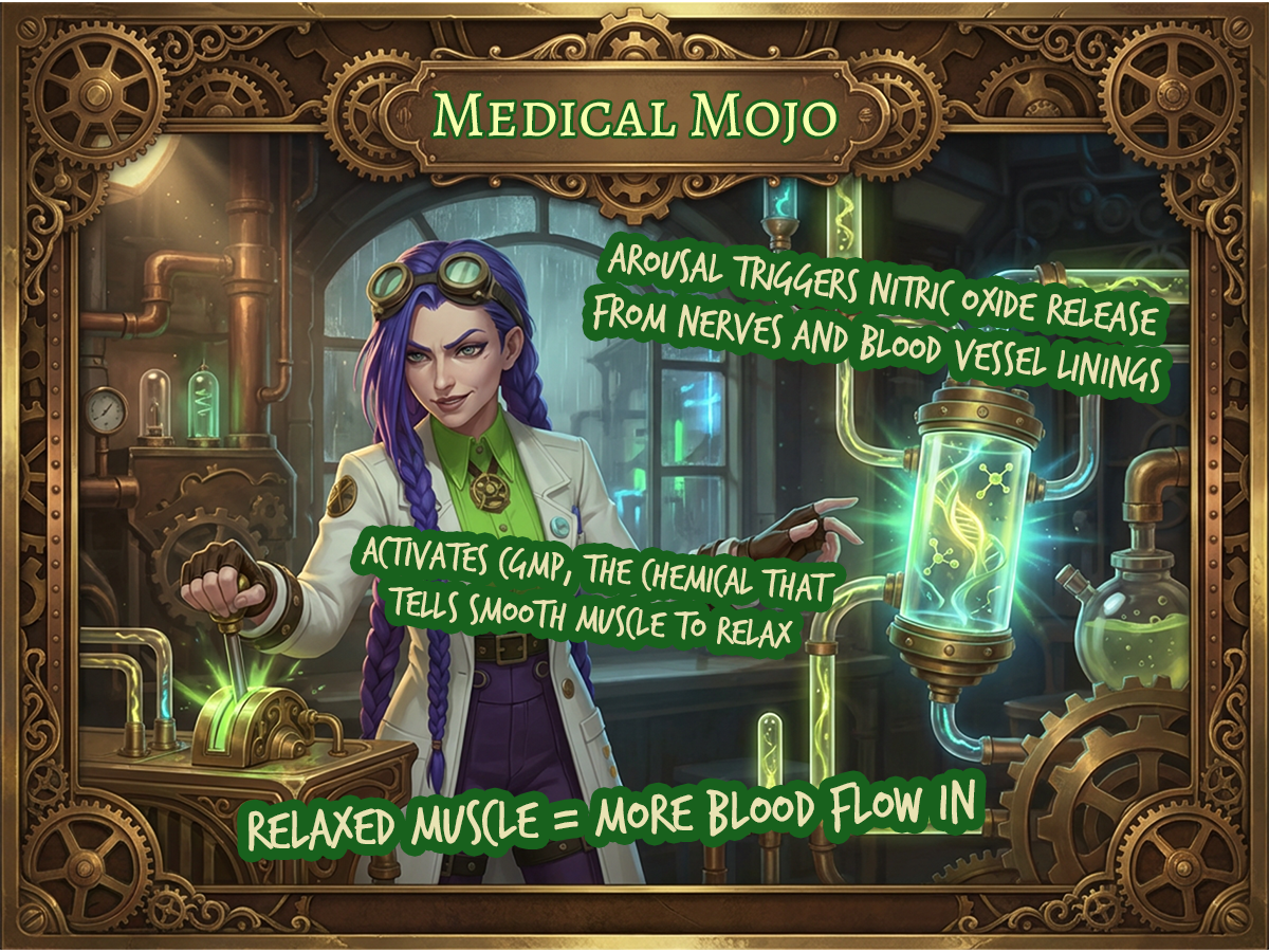 How an erection occurs: nitric oxide, cGMP, and smooth muscle relaxation explained by Dr Rosalind Jex at Medical Mojo Infographic showing how an erection occurs, featuring Dr Rosalind Jex in a steampunk laboratory. Illustration depicts the nitric oxide pathway: arousal triggers nitric oxide release from nerves and blood vessel linings, which activates cGMP (the chemical messenger that tells smooth muscle to relax), leading to increased blood flow and veno-occlusion. Medical Mojo branding in ornate brass frame with steampunk gears and green neon text explaining each step of the erection mechanism.