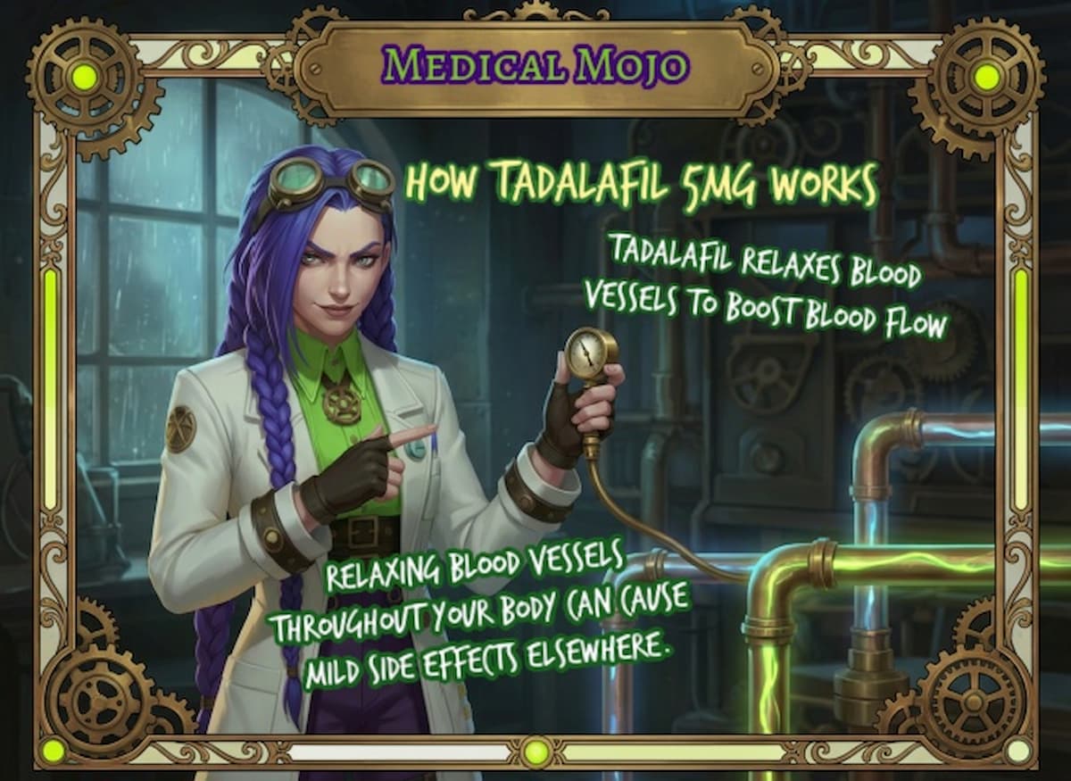 Dr Rosalind Jex in an Arcane-style steampunk lab, pointing to glowing pipes and a pressure gauge to show how tadalafil 5mg improves blood flow, medicalmojo.co.uk