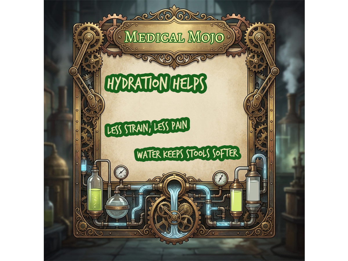 Infographic showing the importance of hydration for bowel health and anal fissure prevention, with water gauges and steampunk design in Medical Mojo colours.