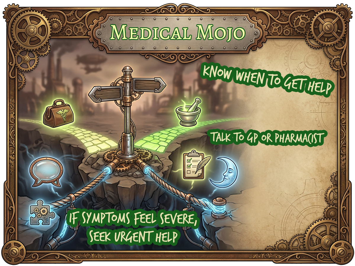 When to get help for anxiety at night (GP, pharmacist, CBT) | medicalmojo.co.uk Steampunk signpost points to GP and pharmacy icons with a supportive bridge and calm moon symbols, showing when to seek help for night anxiety at medicalmojo.co.uk