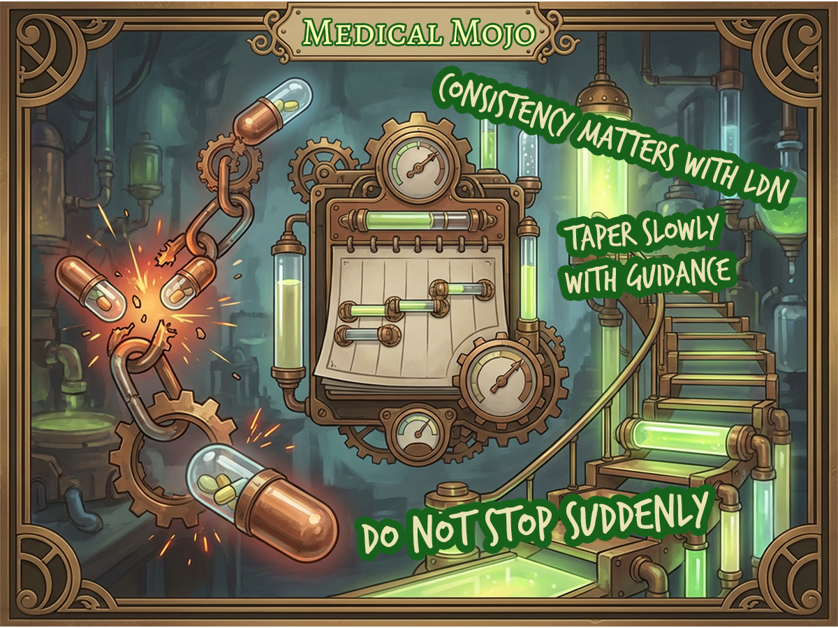 Dr Rosalind Jex with a calendar and broken pill chain motif showing sudden stopping risk in a steampunk lab