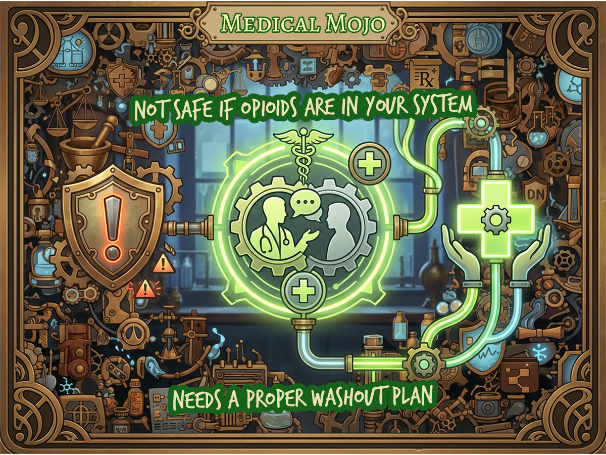 Low dose naltrexone opioid dependence what to avoid Medical Mojo Dr Rosalind Jex Dr Rosalind Jex with warning shield and medical support motif showing opioid dependence risk in a steampunk lab