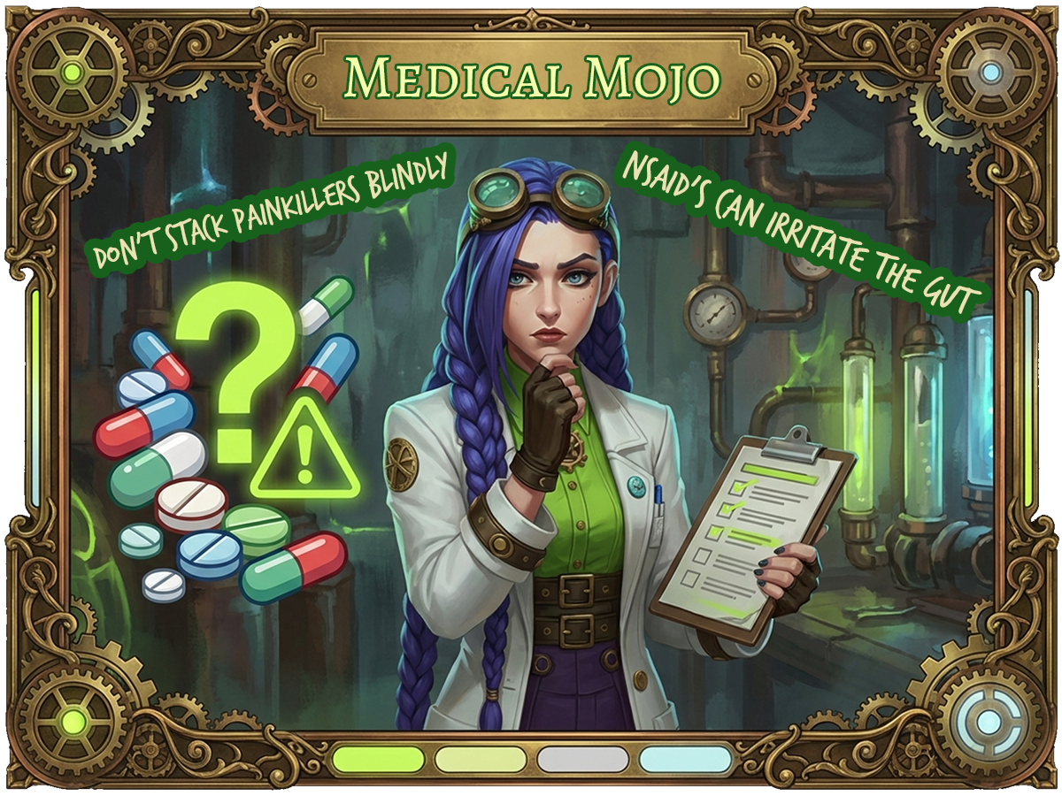 Low dose naltrexone and pain relief medicines what to avoid Medical Mojo Dr Rosalind Jex Dr Rosalind Jex with NSAID style pill icons and a caution checklist theme in a steampunk lab