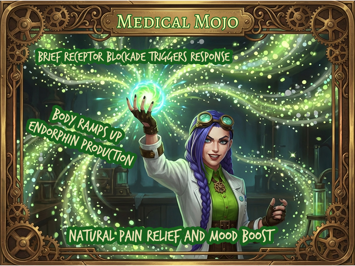 Dr Rosalind Jex with raised hand surrounded by glowing endorphin sparkles in a steampunk lab Medical Mojo colours