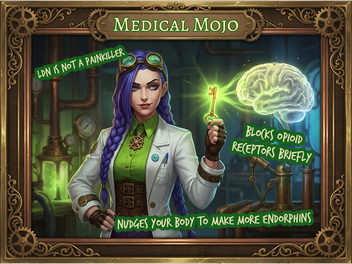 What is low dose naltrexone LDN fibromyalgia Medical Mojo Dr Rosalind Jex Dr Rosalind Jex holding a golden key approaching a glowing brain in a steampunk lab Medical Mojo colours