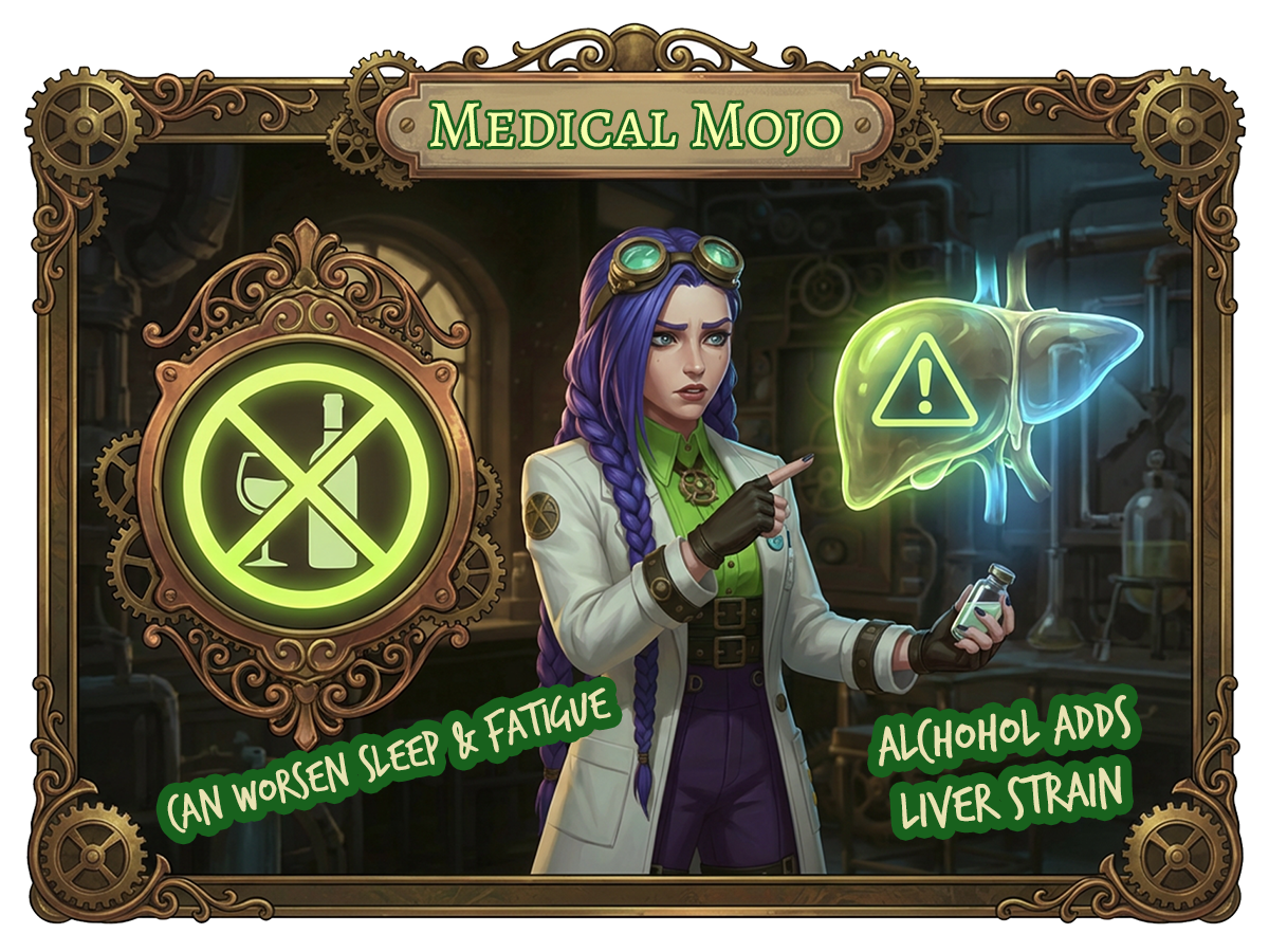 Dr Rosalind Jex beside a no alcohol symbol and liver safety motif in a steampunk lab