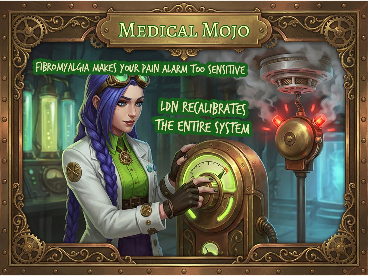 How LDN calms fibromyalgia nervous system alarm Medical Mojo Dr Rosalind Jex Dr Rosalind Jex adjusting a volume dial with a smoke detector symbol representing the nervous system in a steampunk lab