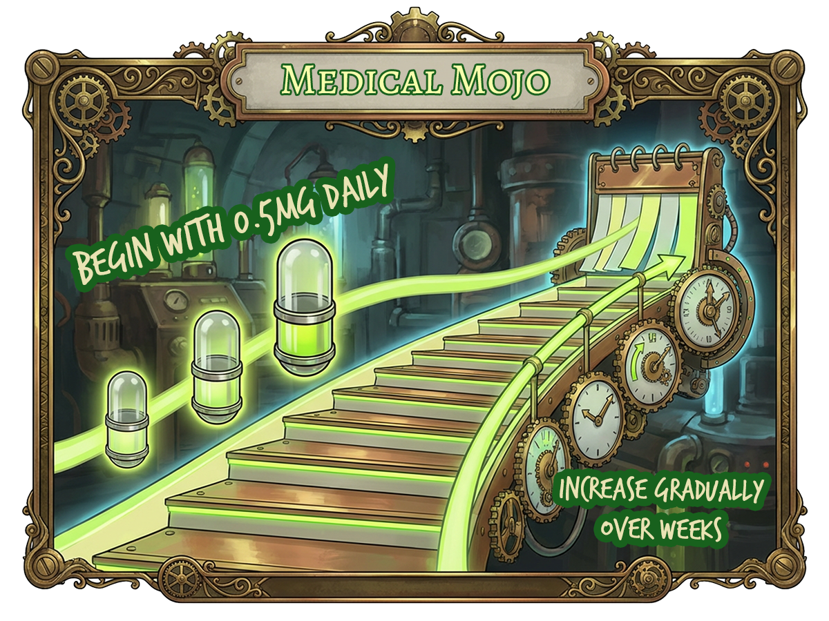 LDN titration start low go slow dosing schedule Medical Mojo Steampunk infographic showing ascending staircase and capsules representing gradual LDN dose increase over weeks Medical Mojo colours