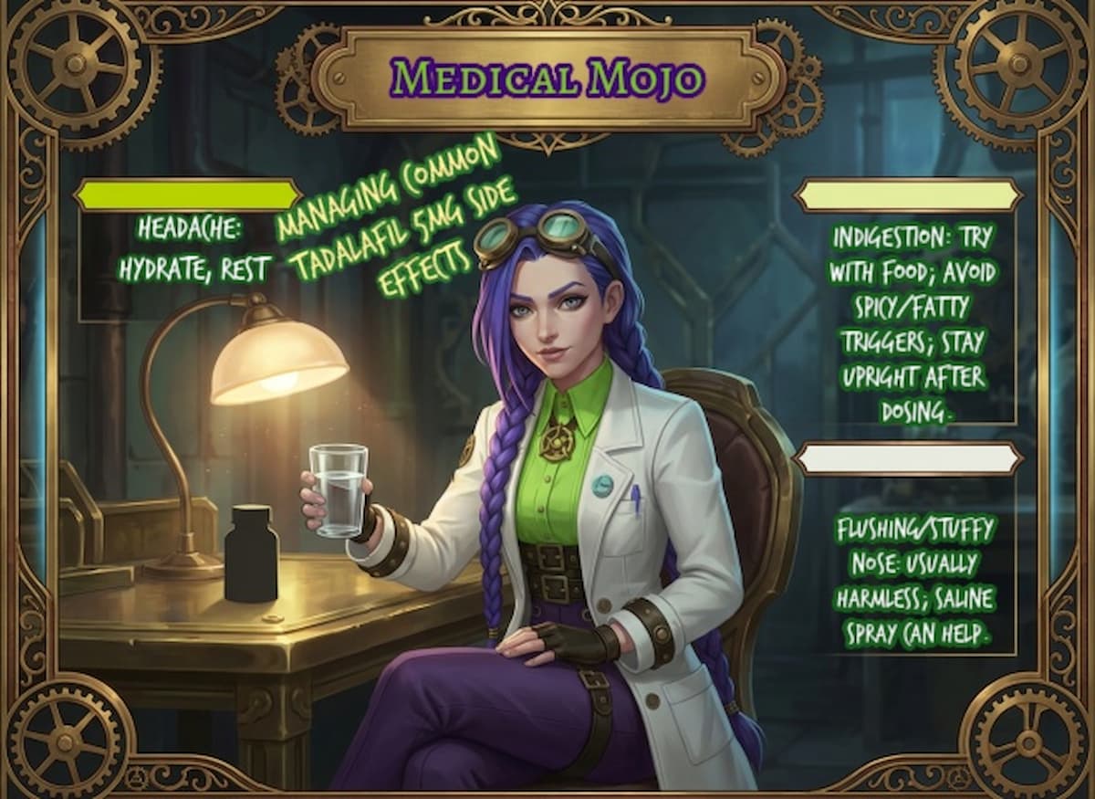 Dr Rosalind Jex seated at a brass workbench with water and steampunk medical tools, illustrating practical ways to manage tadalafil 5mg side effects, medicalmojo.co.uk