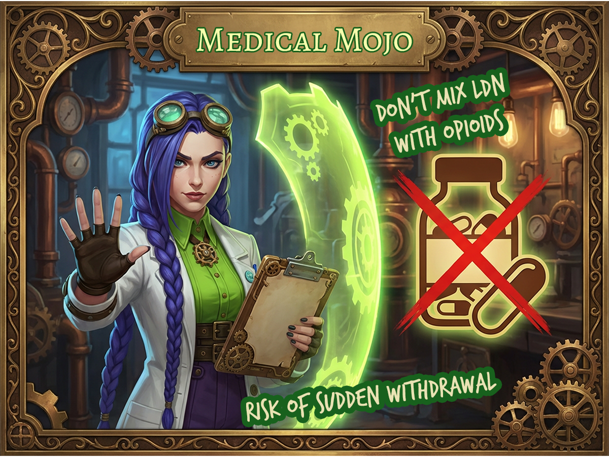 Dr Rosalind Jex in a steampunk lab with a crossed out opioid bottle symbol and protective shield theme