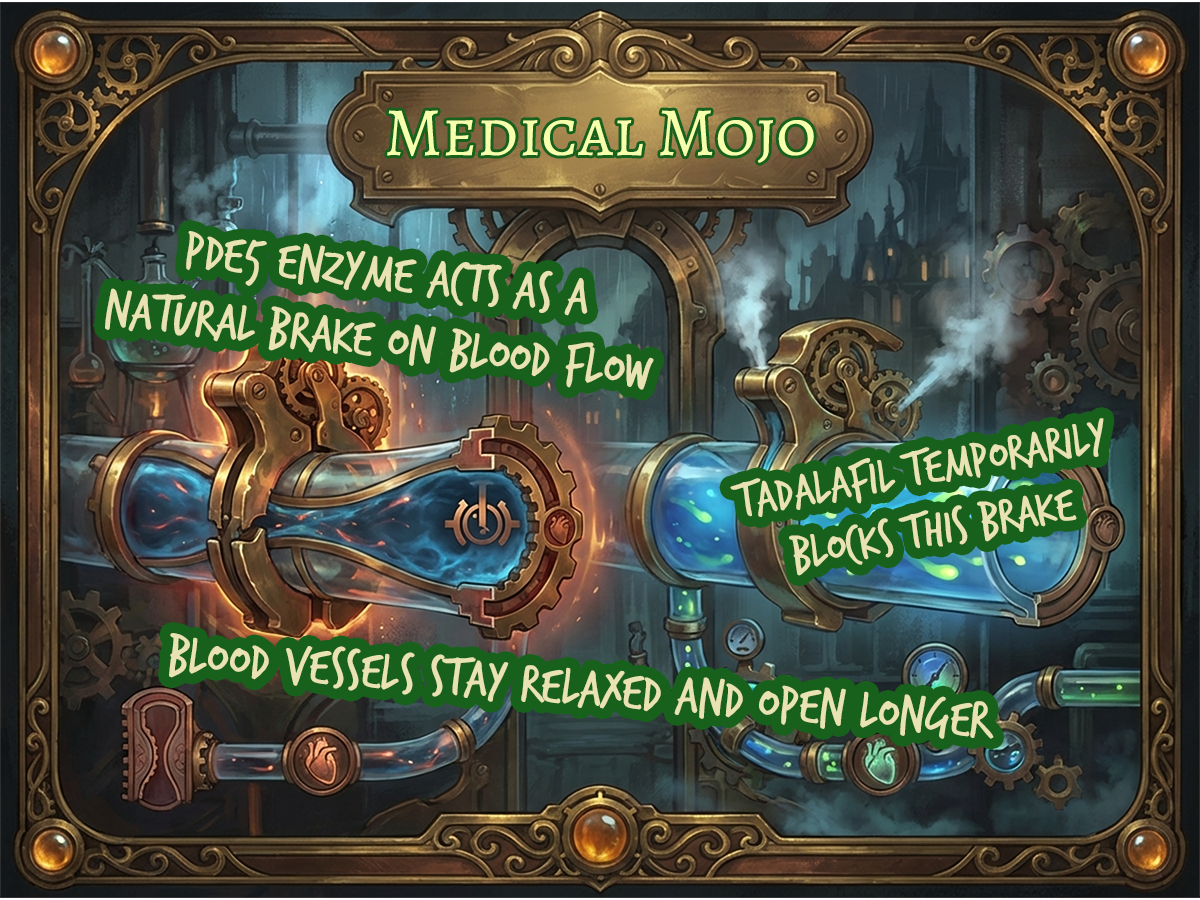 PDE5 Inhibitors Explained: How Tadalafil Eases the Brake | medicalmojo.co.uk medicalmojo.co.uk infographic showing how PDE5 enzyme acts as a brake on blood flow, and how tadalafil blocks it to keep blood vessels relaxed and open for improved erectile function.