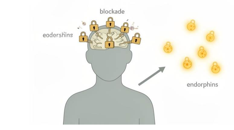 LDN mechanism of action: opioid receptor blockade and endorphin rebound at medicalmojo.co.uk Simple diagram on medicalmojo.co.uk showing a person silhouette with padlocks over the brain labelled “blockade”, and an arrow pointing to glowing yellow circles labelled “endorphins”, illustrating opioid receptor blockade and endorphin rebound with LDN