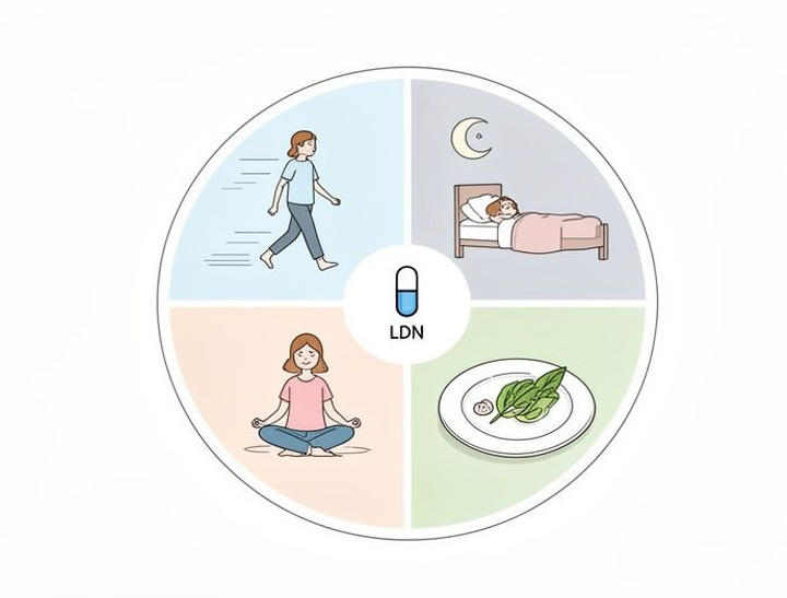Fibromyalgia wellness plan with Low Dose Naltrexone (LDN) | medicalmojo.co.uk Infographic showing Low Dose Naltrexone (LDN) as part of a fibromyalgia wellness plan on medicalmojo.co.uk, alongside movement, sleep, mindfulness and healthy eating.
