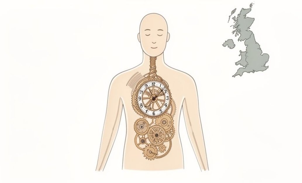 Infographic showing a human figure with clockwork gears inside the torso and a UK map, representing Low Dose Naltrexone (LDN) for chronic fatigue syndrome (ME/CFS) on medicalmojo.co.uk.
