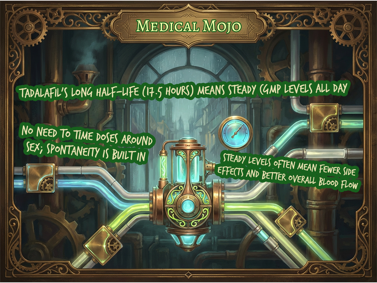 Tadalafil's Long Half-Life (17.5 Hours): Why It Works Differently | medicalmojo.co.uk Medical Mojo steampunk infographic showing how tadalafil's long half-life of 17.5 hours maintains steady cGMP levels throughout the day, requiring no timed doses around sex and offering spontaneous use, with fewer side effects and better blood flow; medicalmojo.co.uk.
