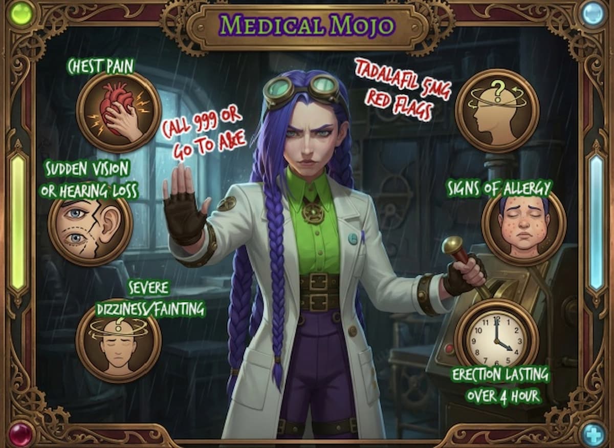 Dr Rosalind Jex in an steampunk frame making a clear stop gesture beside emergency-style medical icons for tadalafil 5mg red flags, medicalmojo.co.uk