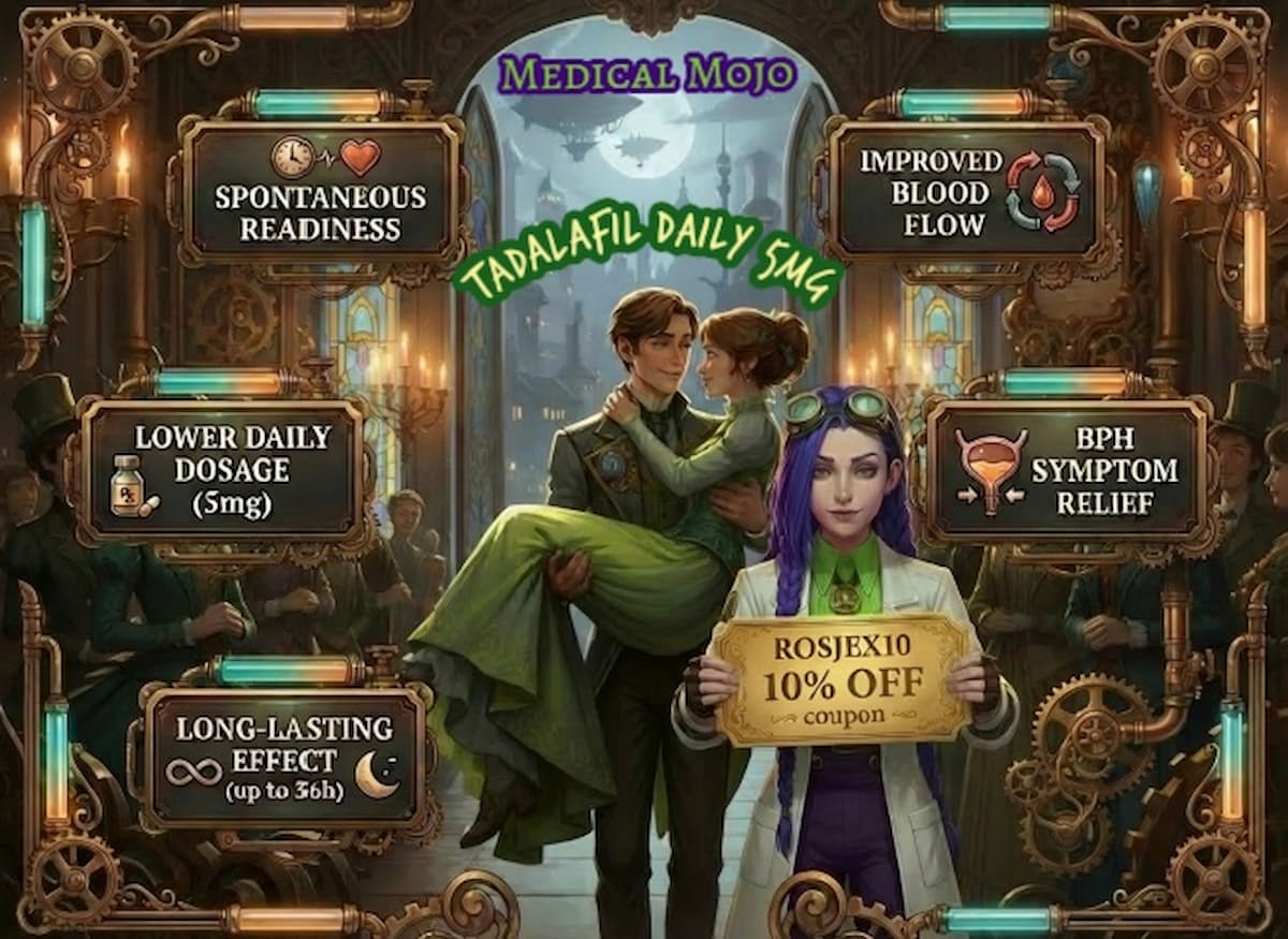 Steampunk infographic on medicalmojo.co.uk featuring Dr Rosalind Jex with a ROSJEX10 10% off coupon, plus plaques highlighting tadalafil daily 5mg benefits and a romantic couple in the background.