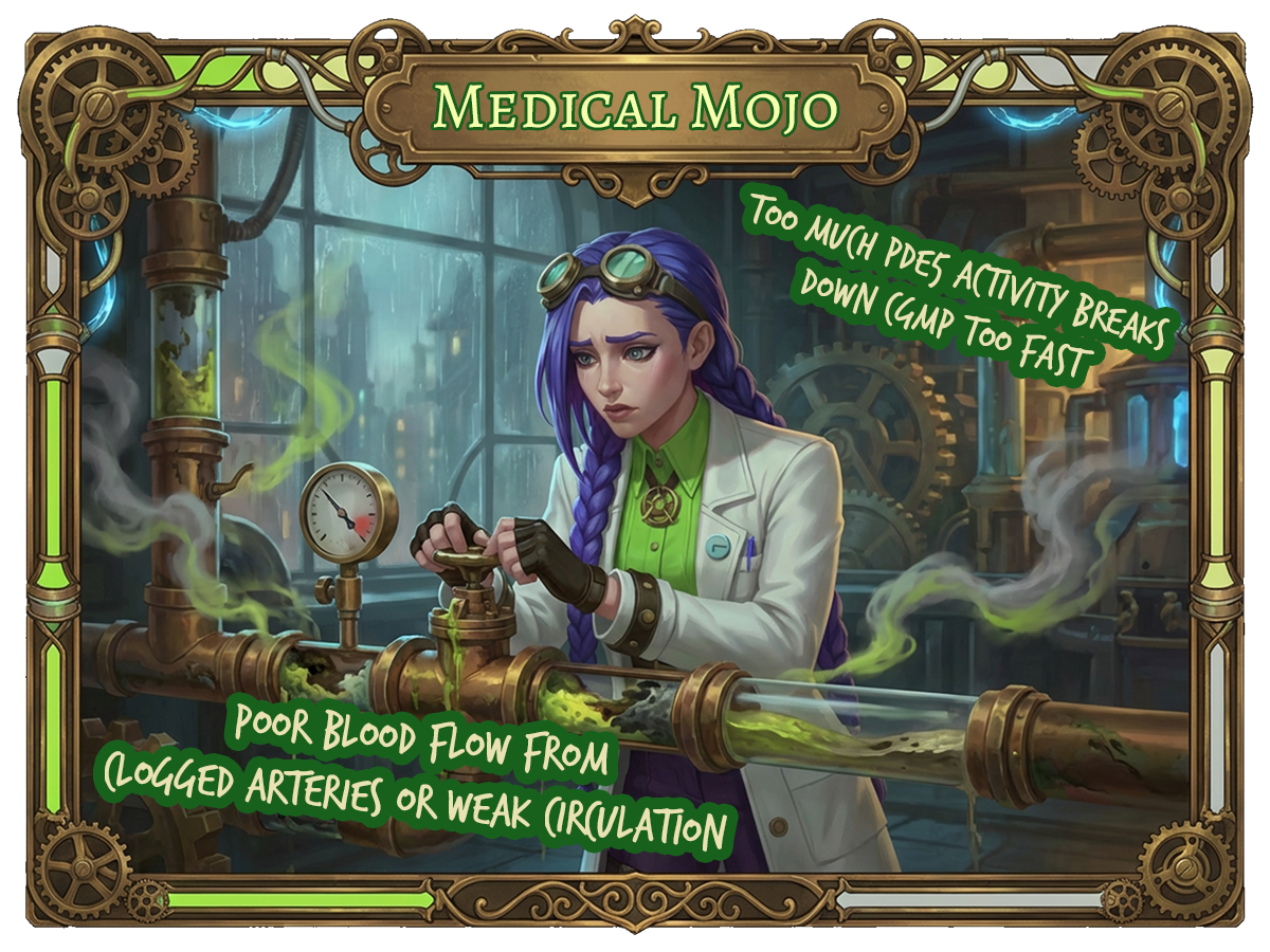 How an erection occurs | medicalmojo.co.uk | Dr Rosalind Jex explains nitric oxide and cGMP How an erection occurs infographic on medicalmojo.co.uk featuring Dr Rosalind Jex in a steampunk lab. Shows arousal triggering nitric oxide release from nerves and blood vessel linings, activating cGMP to relax smooth muscle and increase blood flow for an erection.