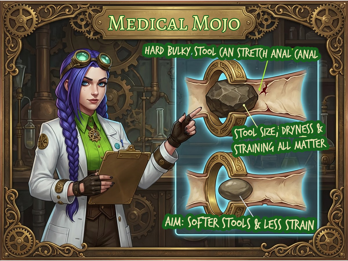 Dr Rosalind Jex explains how a hard, bulky stool can trigger an anal fissure using a steampunk cross-section visual in Medical Mojo colours at medicalmojo.co.uk