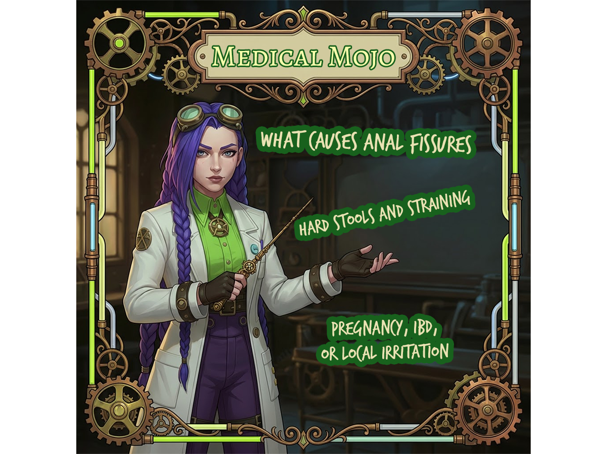 Infographic with Dr Rosalind Jex mapping out the causes of anal fissures including constipation, pregnancy, inflammatory bowel disease, and skin conditions, with Medical Mojo steampunk design.