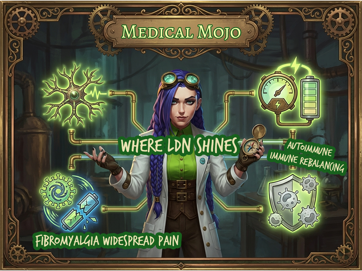 Low dose naltrexone fibromyalgia ME CFS long COVID autoimmune Medical Mojo Dr Rosalind Jex Dr Rosalind Jex gesturing towards four steampunk-styled condition icons fibromyalgia ME/CFS long COVID autoimmune in Medical Mojo colours