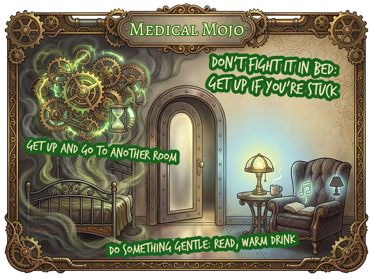 Anxiety in bed: when to get up and reset your sleep | medicalmojo.co.uk Steampunk bedroom scene shows anxious gears above a bed and a calm chair-and-lamp corner beyond a doorway, illustrating getting up when stuck awake at medicalmojo.co.uk