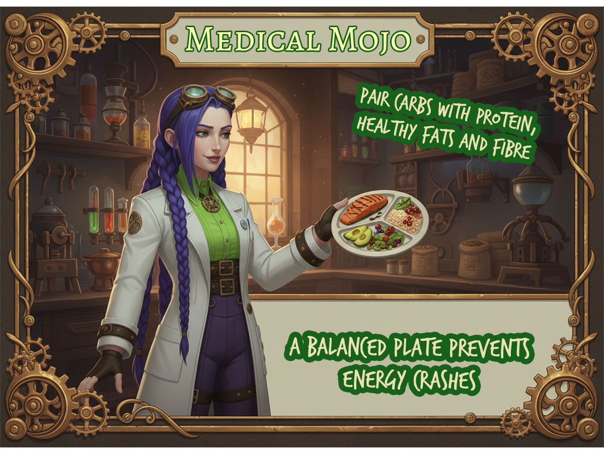 Dr Rosalind Jex in a steampunk kitchen, gesturing towards a divided balanced plate with protein, carbs, healthy fats, and fibre, medicalmojo.co.uk
