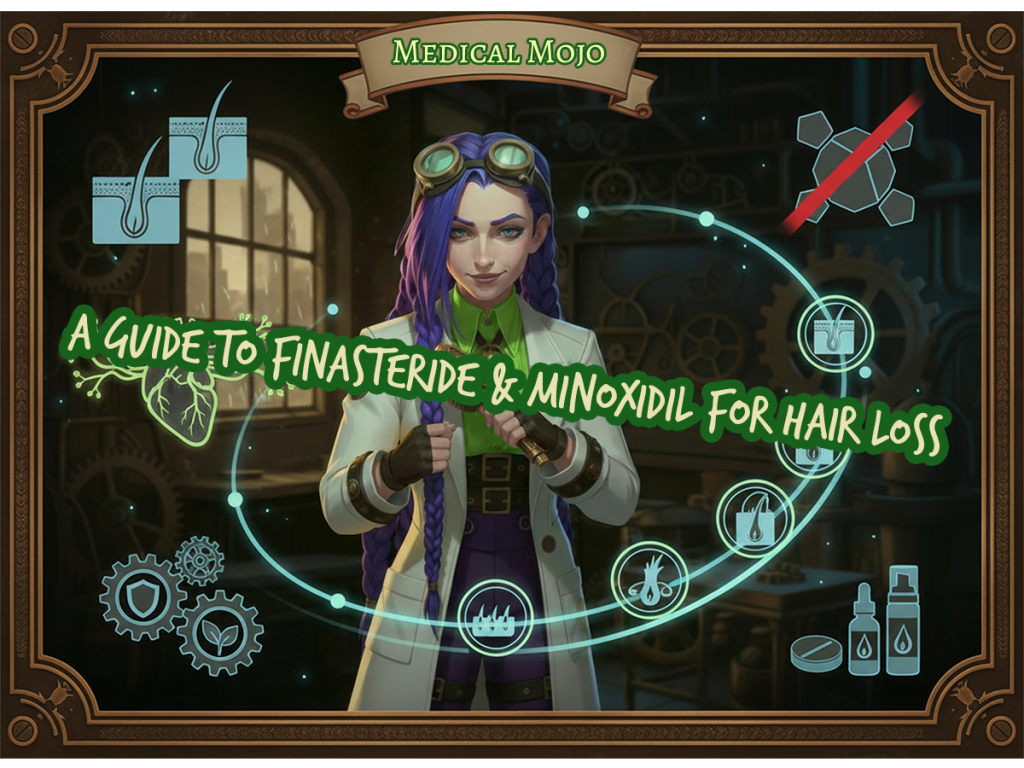 Dr Rosalind Jex in a steampunk-style medical lab scene with hair follicle icons and treatment symbols, promoting a guide to finasteride and minoxidil for hair loss on medicalmojo.co.uk.
