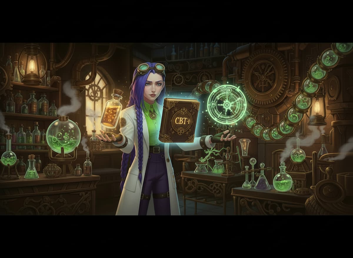 Dr Rosalind Jex stands in a steampunk laboratory holding a CBT-i book and herbal remedies, illustrating safe alternatives to melatonin as explained by medicalmojo.co.uk.
