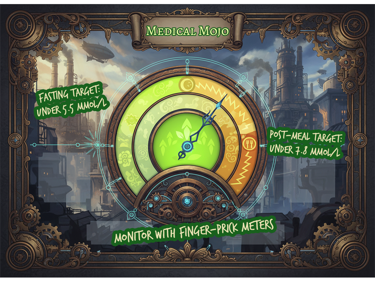 steampunk gauge/dial infographic showing blood sugar target zones (fasting and post-meal), medicalmojo.co.uk