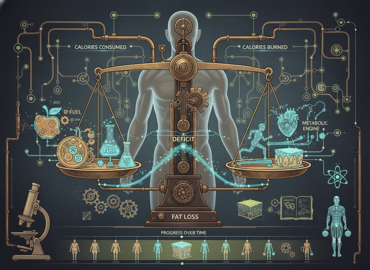 medicalmojo.co.uk Dr Rosalind Jex calorie deficit and fat loss technical infographic for sustainable weight loss medicalmojo.co.uk technical steampunk infographic showing calorie deficit and fat loss mechanism with a human body, balance scales comparing calories consumed versus calories burned, metabolic engine, and progress over time.