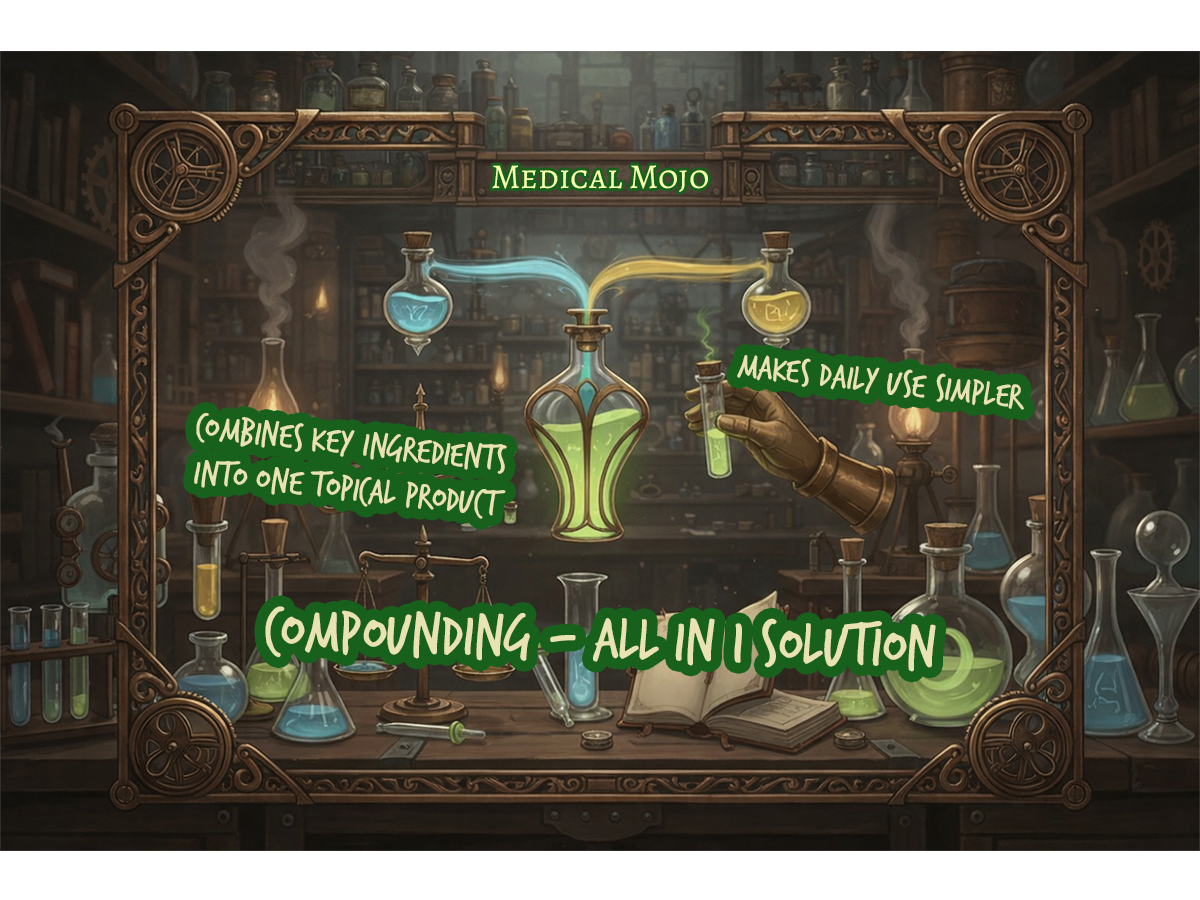 Compounded Dutasteride + Minoxidil: One Personalised Topical Solution | medicalmojo.co.uk steampunk compounding lab infographic showing two ingredients being combined into one bespoke topical bottle with pharmacy tools and glassware, medicalmojo.co.uk