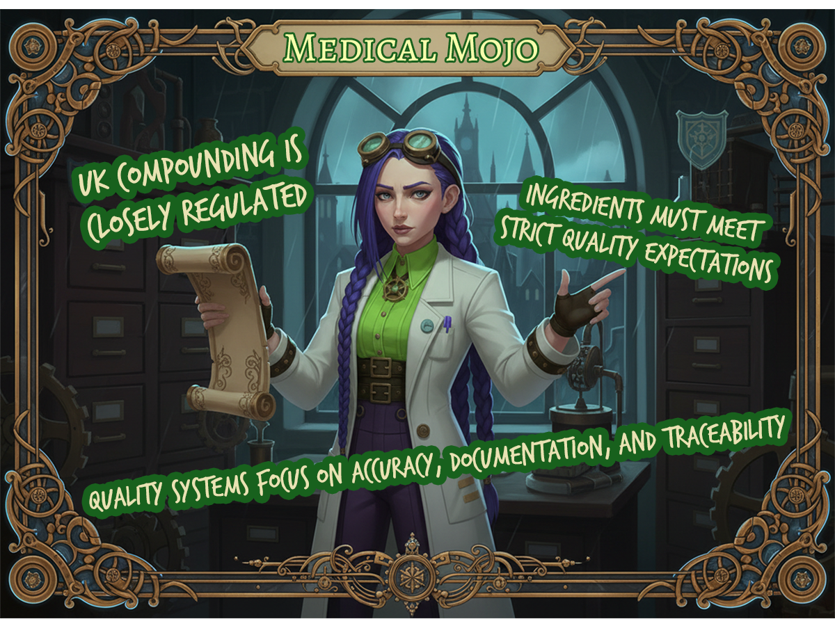 How UK compounding is regulated | medicalmojo.co.uk | Dr Rosalind Jex Dr Rosalind Jex holding a certificate scroll in an Arcane-style steampunk lab office, representing UK compounding pharmacy regulation and safety standards, medicalmojo.co.uk