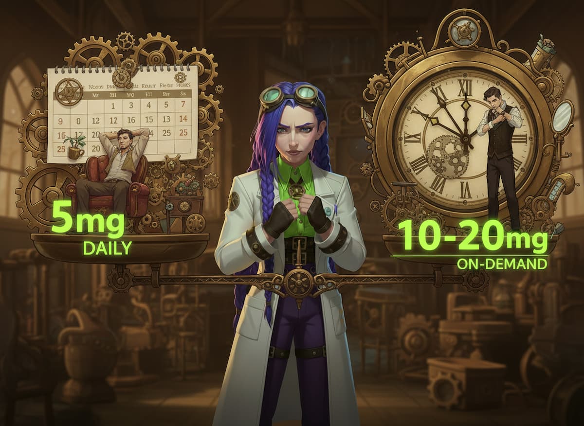 Dr Rosalind Jex stands between two scenes: left shows a man in a casual home setting with daily calendar representing 5mg daily dose; right shows a man preparing for a date with a clock, representing 10mg to 20mg on-demand dose, for medicalmojo.co.uk.