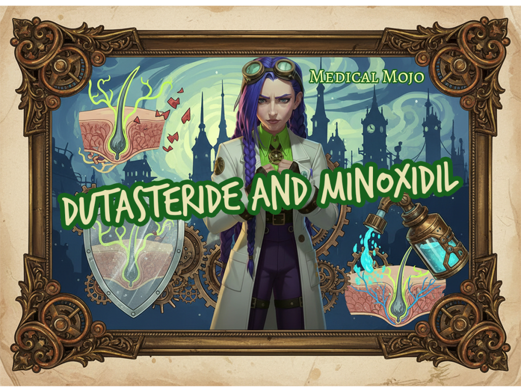Steampunk-style title collage featuring Dr Rosalind Jex with hair regrowth elements—scalp health, protective shield, blood-flow imagery, and topical application motifs in an ornate vintage frame, medicalmojo.co.uk